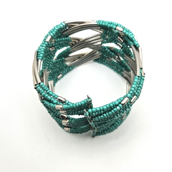 ๐ข3/$19๐ข Teal Turquoise Color Seed Bead Silver Cuff Bracelet - Picture 4 of 5